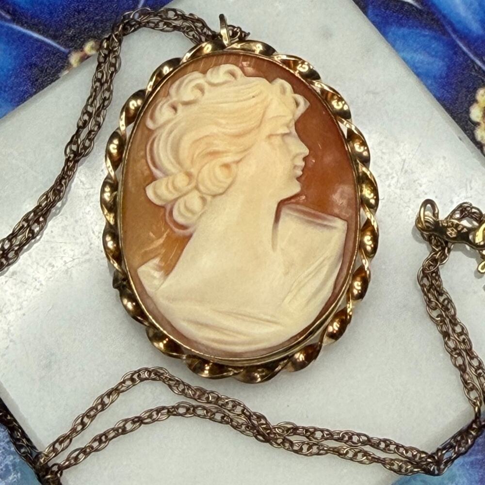 Gorgeous A&Z left facing Cameo Pendant Brooch 12Kt 1/20 GF on 14Kt GF Chain #M41